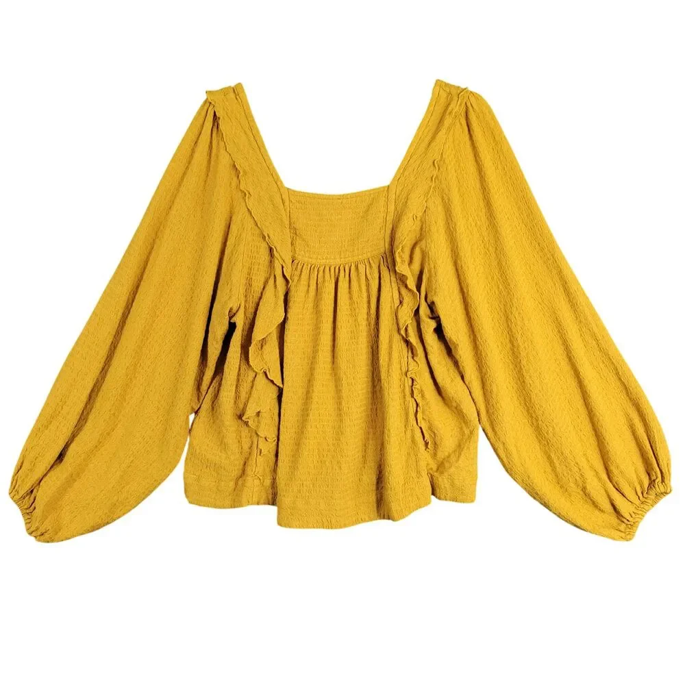 FREE PEOPLE Bonnie Yellow Ruffle Square Neck Peasant Top Bohemian SIZE MEDIUM